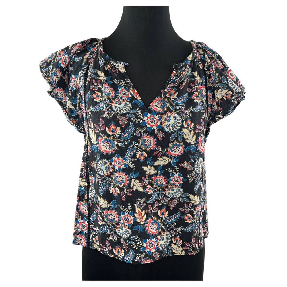Roan + Ryan Black Multi Floral Paisley V-Neck Ladder Lace Flutter Sleeve Top XS